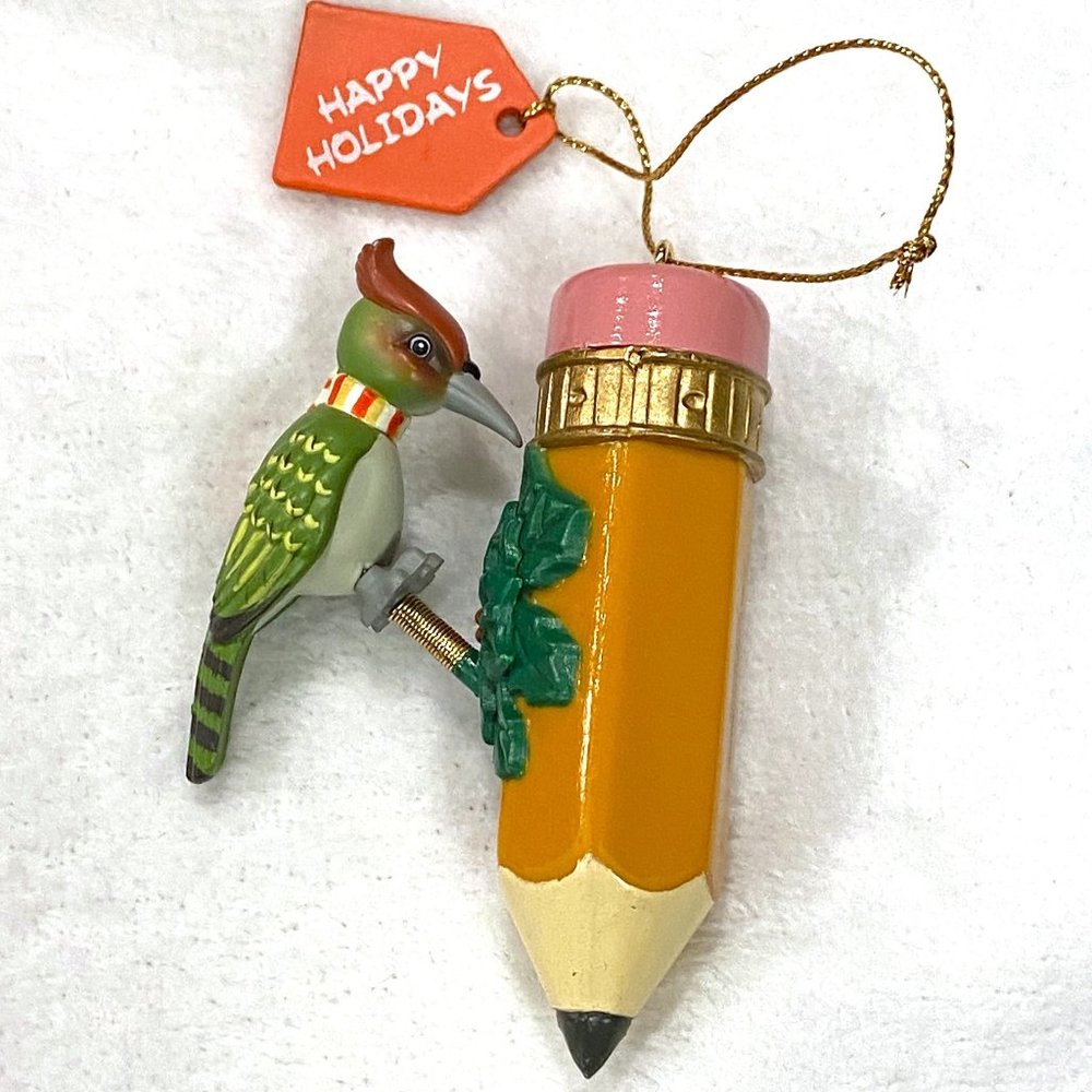 Vintage Teacher Enesco Merry Christmas Woodpecker & Pencil Ornament